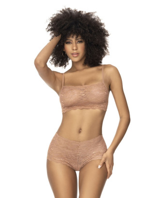 Ensemble 2 pièces en dentelle, top à bretelles et shorty couleur taupe 